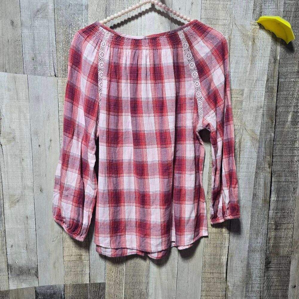 Sundance Red Pink Plaid Button Down Shirt XS Boho Preppy Femme Elle Woods Basic - Picture 2 of 4